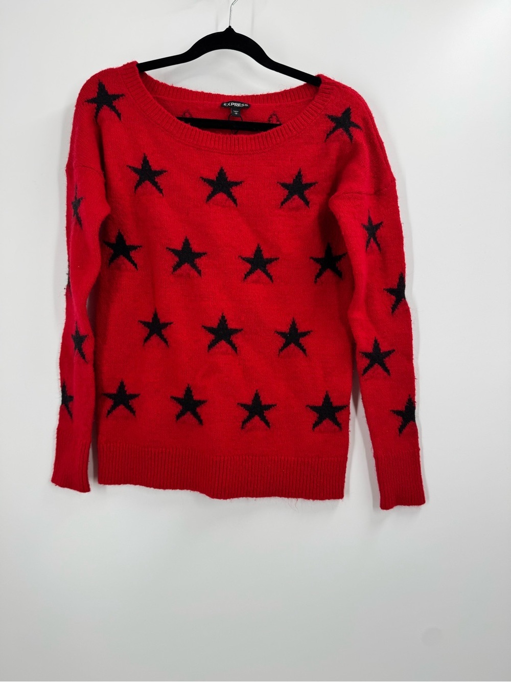 Express Red Crewneck Sweater with Black Star Print